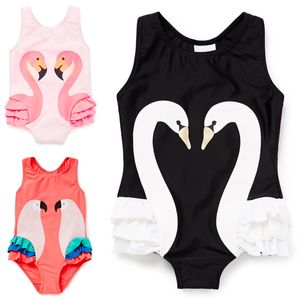 Zomer baby meisje badmode flamingo papegaai zwaan patroon een-stukken zwemmen met hoed 1-8Y strand meisjes badpak kinderen kinderen zwemmen kostuums