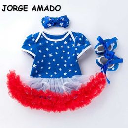 Summer Baby Girls Conjuntos de 3 piezas Cartoon Star T-shirt Body + Headwear Shoes Trajes Niños Mono E9600 210610