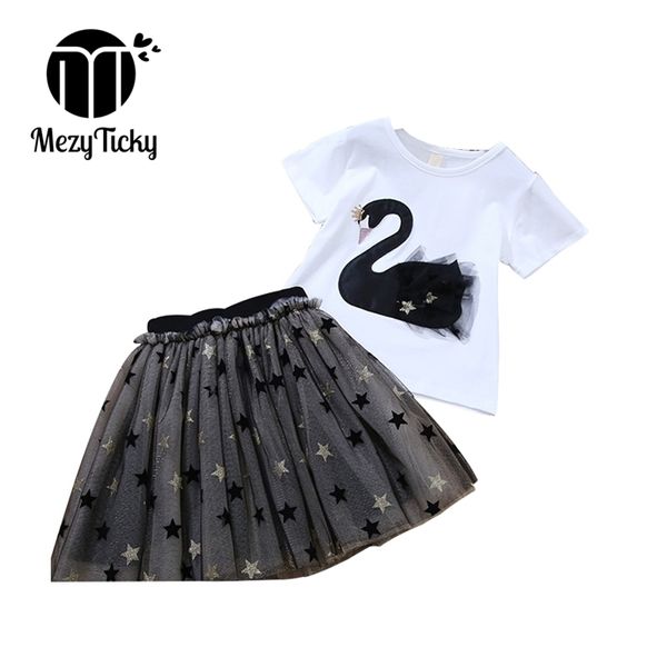 Summer Baby Girls Black White Swan T-shirt + Vestido de princesa Conjuntos de ropa Tops para niños Trajes Vestido de encaje Ropa de cumpleaños para niños 210326