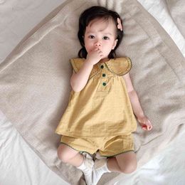 Zomer Baby Meisjes Casual Clothes Sets Pure Cotton Big Turn-down Collar Mouwloze Vest en Shorts 2 Stks 210508