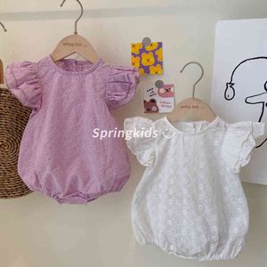 Zomer Baby Meisjes Leuke Hollow Fly Sleeve Jumpsuits Katoenen Borduurwerk Bodysuits 0-2Y 210508