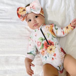 Zomer babymeisjes lange mouw één-stuks zwempak peuter peuter zonbescherming snel drogende baby floral print zwempak + hoofdband kleding m4299