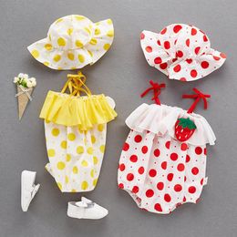 Zomer baby meisjes romper + hoeden 2 stks bloem stippen katoen pasgeboren rompertjes baby jumpsuit zoete pasgeboren jumpsuit baby meisje kleding