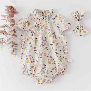 Summer Baby Girls Rompers Vêtements Bodys Floral Cheongsam + Bande de cheveux Body pour bébé 210429