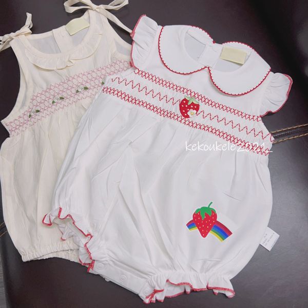 Été bébé filles barboteuses mignon fraise broderie vêtements coton nouveau-né princesse combinaison infantile filles à manches courtes rayure enfants vêtements