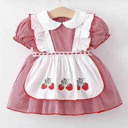 Zomer baby meisjes korte mouw aardbei raster jurken kinderen kinderen meisje prinses kleding 210521