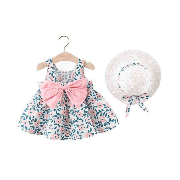 Zomer Baby Meisjes Mouwloze Strand Jurk Kinderen Kleding Set Ruches Prinses Jurken Strik Rok Strooien Hoed Outfits 1 2 3 4Y G1215