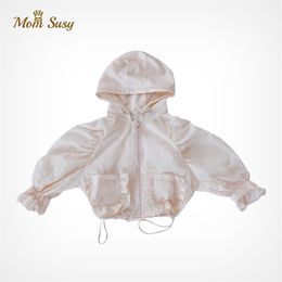 Zomer baby meisjes zon uv mosquito bescherming jas ruche prinses baby peuter jas hooded bovenkleding airconditioner kleding 211011