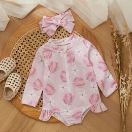 Zomer babymeisjes zwempak strand dragen schattige prinses baby badmode bloemen crème print lange mouw zip omhoog kinderen badpak 240422