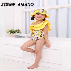 Zomer baby meisjes badmode mooie gele bloemenzwempakken + hoed kinderen mode zwemkleding E06 210610