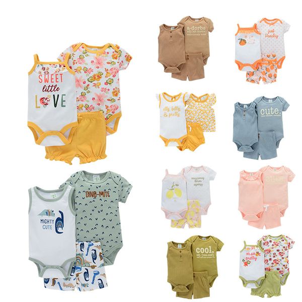 Été bébé enfants barboteuse ensembles à manches courtes fleur lettre imprimé body et pantalon 3 pièces garçons et filles vêtements