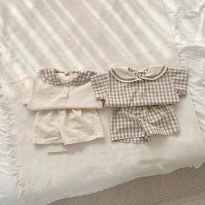 Zomer baby marine kraag geruite kleren set kinderen korte mouw tops shorts 2pcs pak voor jongens meisjes baby outfits 240507