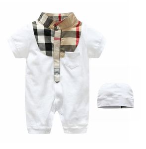 Zomer baby plaid rompertjes met hoeden baby jongens meisjes korte mouw jumpsuits peuter pasgeborenen onesies kinderen romper 0-24 maanden