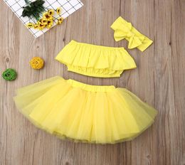 Tenue de jupe d'été pour bébé 3pcsset avec gros bandeau de cheveux et haut tube jupe courte en gaze enfants couleur jaune unie fille designer skir8956233