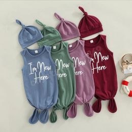 Zomer Baby Slaapzakken Cap Sets Pasgeboren Zuigeling Mouwloze Letter Print Geknoopt Swaddle Wikkeljurk met Hat 2PCS Outfits Set