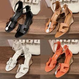 verano descalzo altura zapato de diseñador de lujo Fondo grueso Tacones altos Sandalias Cuero genuino Color sólido Moda Hemp Sandalias de moda tamaño 35-41 con caja