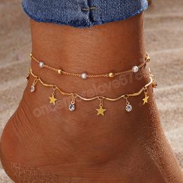 Été plage cheville pour femmes pentagramme étoiles cristal pendentif perle perle chaîne cheville Simple mode bijoux cadeau