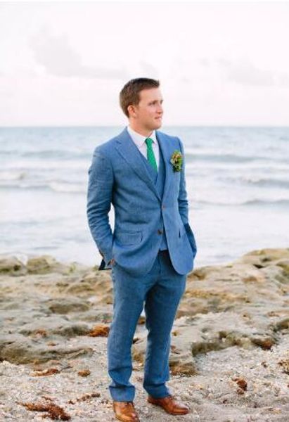 Été Plage Bleu Lin Hommes Costumes De Mariage Sur Mesure Tuxedos Groom Wear Bridegrom Groomsmen Blazer Veste Meilleurs Hommes De Bal Porter 3 Pièces