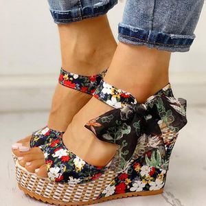 Sandales été plage Boho Floral Wedge femmes bride à la cheville plate-forme gladiateur chaussures femme talons hauts Sandalias Mujer 2021