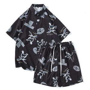 Zomerstrandkleding voor mannen 2 -delige set ijs zijden Hawaiiaans shirt en shorts mode losse printing casual outfits 240507