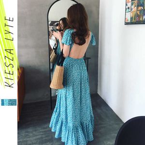 Zomer strand jurk blauwe backless sexy afdrukken onregelmatige fishtail vakantie jurken vrouw kleding 210608