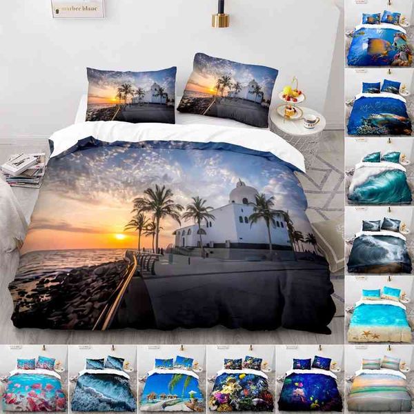 Juego de funda nórdica de playa de verano, ropa de cama King Full Ocean, palmeras hawaianas, vida marina, olas del mar, edredón estampado de peces