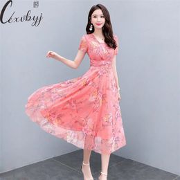 Vestido floral de playa de verano para mujer elegante con cuello redondo de gasa de talla grande vestido midi estampado rosa vestido de fiesta ajustado de manga corta 220517