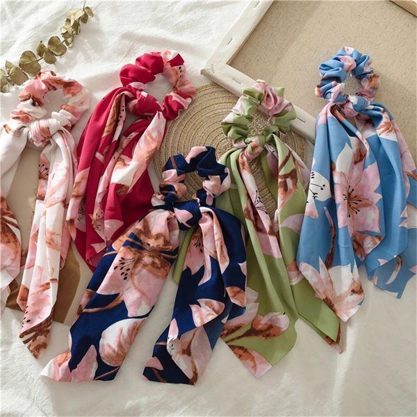 Chouchous pour cheveux pour femmes, bandeau Long avec ruban floral, imprimé Boho, à la mode, accessoires pour cheveux élastiques