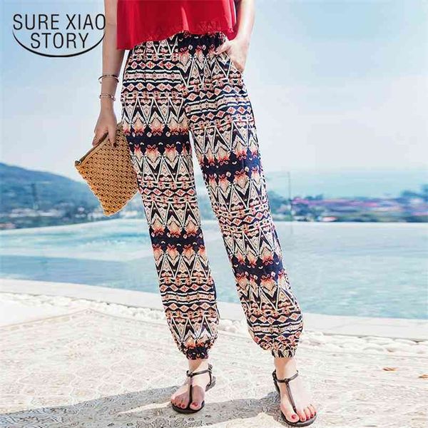 Pantalon long de taille haute de plage d'été style bohème en mousseline de soie harem lâche décontracté plus taille pantalon femme D828 30 210506