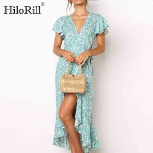 Zomer strand lange vrouwen jurken bloemen print boho v-hals spleet bodycon wrap maxi party ruche robe femme 210508