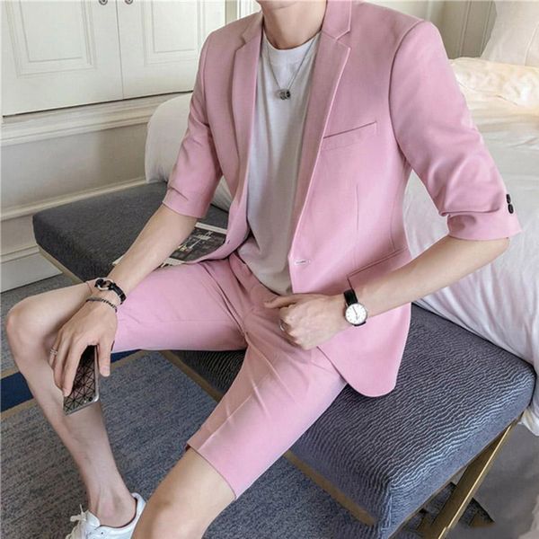 2021 Trajes de playa de verano para hombres Pantalones cortos de manga media rosa Trajes de boda por encargo Slim Fit Casual Tuxedo Blazer Prom Mejor chaqueta para hombre
