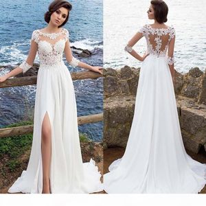 Summer Beach Millanova 2019 Sexy Sheer Lace Appliqued A Line Vestidos de novia Medias mangas High Split gasa Vestidos de novia baratos 254S