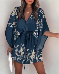 Été plage Mini robes femmes Boho décontracté imprimé col en V à lacets bouton manches chauve-souris femme Sexy robe de soirée Vestidos 220713