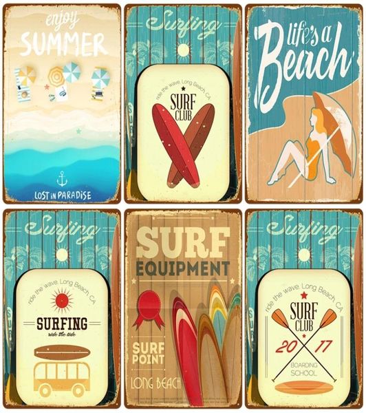 Affiche de plage d'été Vintage Metal Painting 2023 Signe en étain Miami Surf Club Art Painting Autocollants décor mural pour le bar de pub Secsints Out3980719