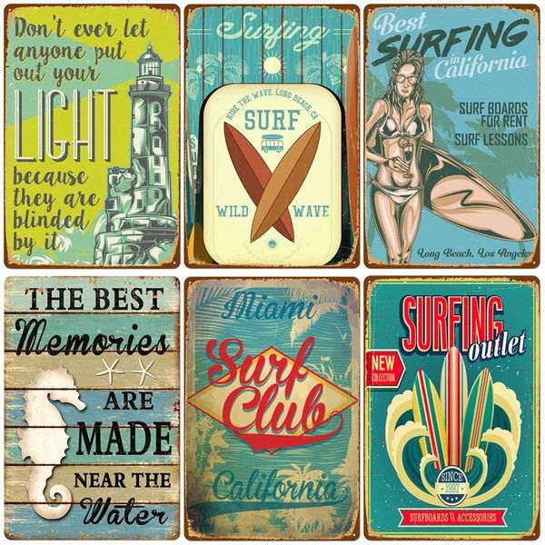 Affiche de plage d'été Vintage Metal Painting Tin Sign Miami Surf Club Art Painting Stickers Decor Wall For Pub Bar Seaside