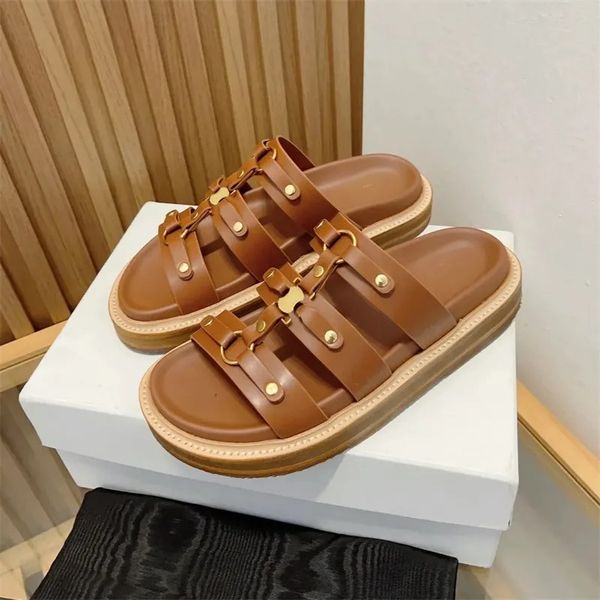 Summer Place Slide Pool Polonge de chaussures décontractées Pantanes de créateurs Gladiator Mule Sandale Brune Brown Gift Fashion Fashion Femmes Généreuses Sliders en cuir Flat