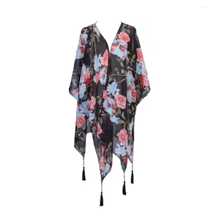 Summer Beach Smock Elegante sjaalbloemprint Tassel Cover-Up Poncho Cardigan For Women Sunscreen Swimsuit