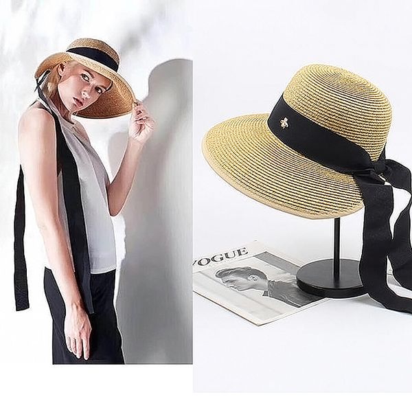 Sombrero protector solar de playa de verano para mujer, vacaciones, viajes al aire libre, sombreros de paja para el sol, gorra de ala ancha plegable con cinta larga