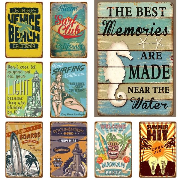 Verano Playa Surf Arte Pintura Metal Cartel de chapa Placas de pared interior Bar Café Decoración del hogar Retro Cartel de hojalata Regalos Decoración 30X20cm W03