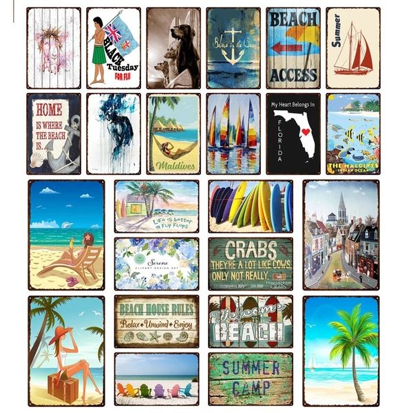 Summer Beach Tin Sign Plaque métallique Surf Paysage Peintures Classique Shabby Art Affiche Décoration murale intérieure Pub Bar Café Pin Up Panneaux personnalisés extérieur métal 30X20CM w01