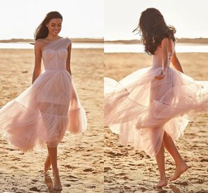 Zomer strand tulle a line vrouwen prom bruiloft jurken 2021 plooien een schouder knielengte korte avondjurken bruidsmeisjes jurk meisjes feest formele slijtage Al9181