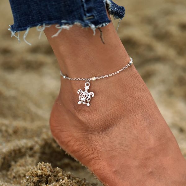 Bracelets de cheville en or blanc 14K en forme de tortue de plage d'été pour femmes, Bracelet de cheville en perles d'animaux creux sur la jambe, bijoux de pied