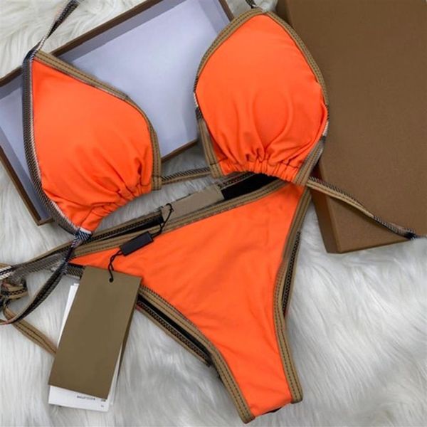 Summer Beach Wear Ensemble de bikini solide Orange Deux pièces Bikinis 2023 Bandage Sexy Push Up Maillot de bain Marque Plus Taille Maillots de bain Femmes Bat243R