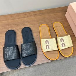 Verano Playa Mujer Zapatillas Diapositivas Punta redonda Mulas trenzadas de paja Suela de cuero genuino Diseñador de moda de lujo Pisos al aire libre Zapatos Calzado de fábrica con caja