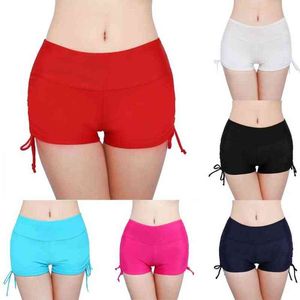 Zomer strand vrouwen effen kleur bikini bodemzijde geplooid bandage zwemmen shorts sport vrouwen gymleggings y220417