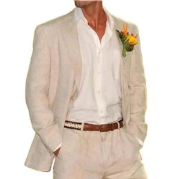 Zomer beige linnen mannen pakken 2 -delige formele inkeping revers knappe heer bruiloft smoking smart casual mannelijk pak blazerpants 240407