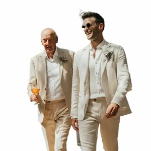 Costumes d'été en lin beige pour hommes formel revers cranté mariage marié smoking chic plage casual costume masculin 2 pièces blazer + pantalon x4PX #