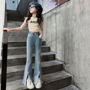 Summer Big Girls Jeans minces vieux enfants Love Heart Split Tassal Flare Denim Pantalon Fashion Teenagers Soft Casual Cowboy pantalon Z7867