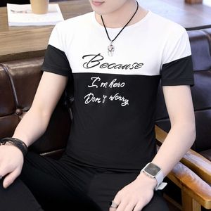 Sweat à capuche noir et blanc d'été T-shirt respirant lisse avec manches courtes, imprimé de cou rond, tendance jeunesse pour hommes 789p7