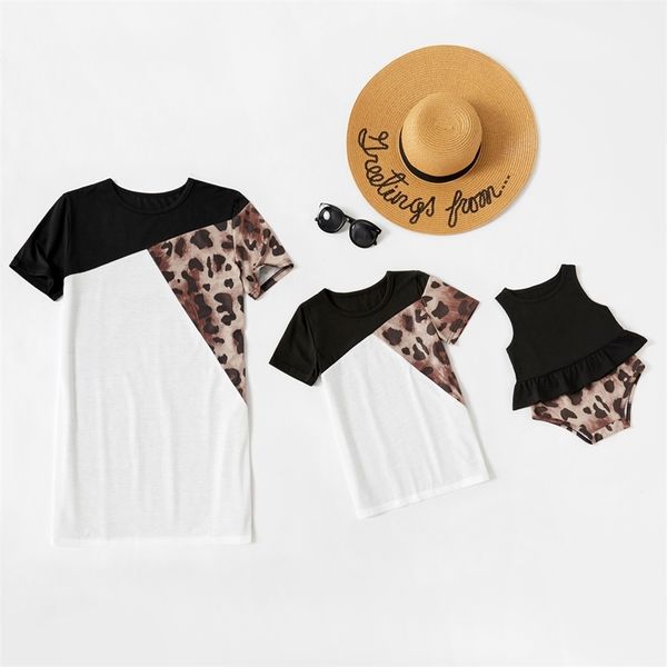 Vestidos con estampado de empalme de leopardo en blanco y negro de verano para mamá Me (mamelucos de bebé con volantes) 210528